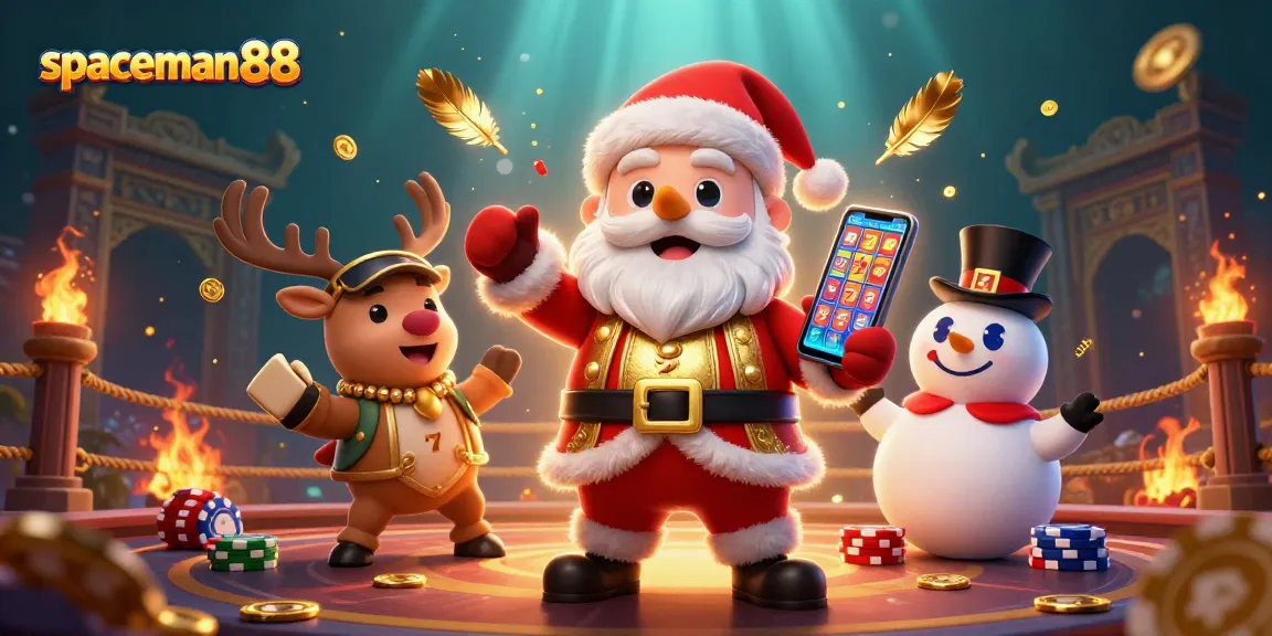 Spin and win big at spaceman88 with this vibrant casino scene featuring Santa and friends!
