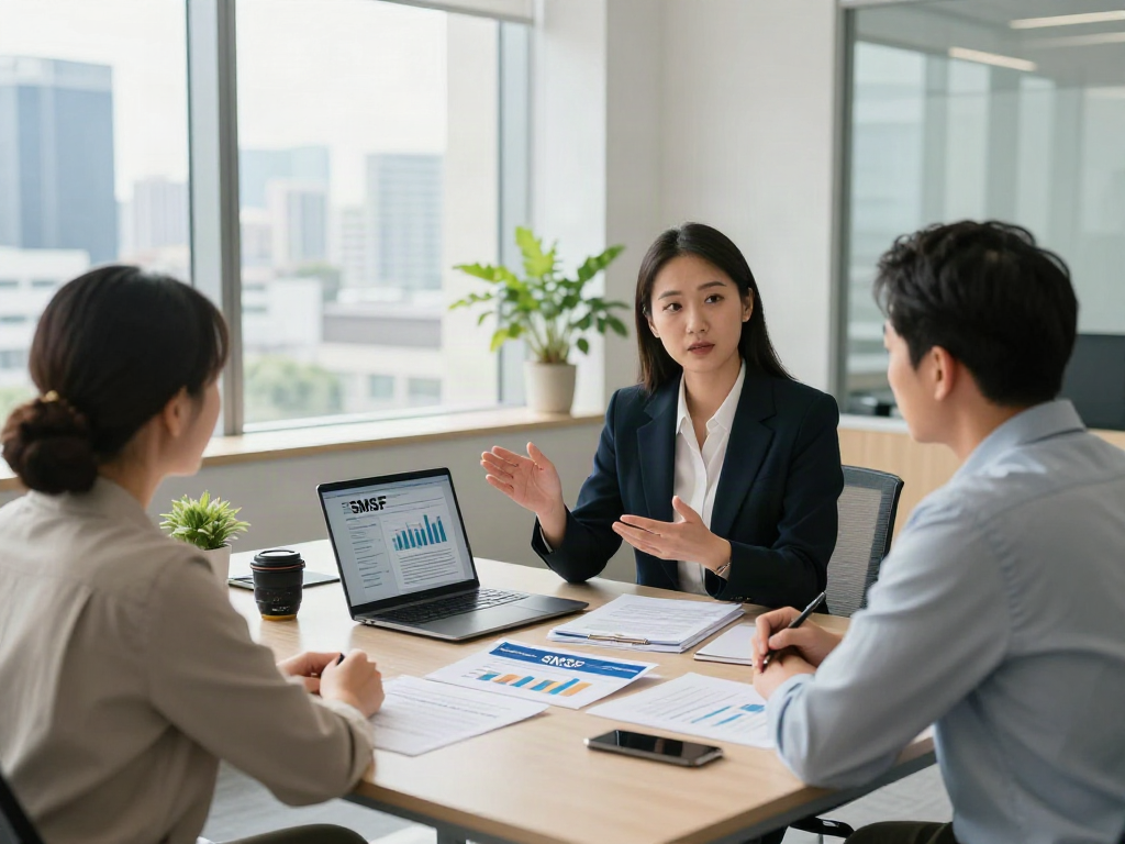 Clients discussing SMSF setup with financial advisor in a modern office.