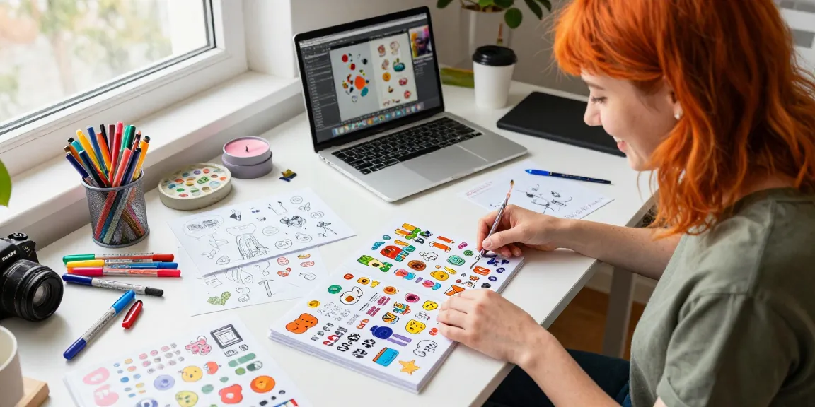 Artist designing a colorful reusable sticker book with vibrant markers and sketches in a creative workspace.
