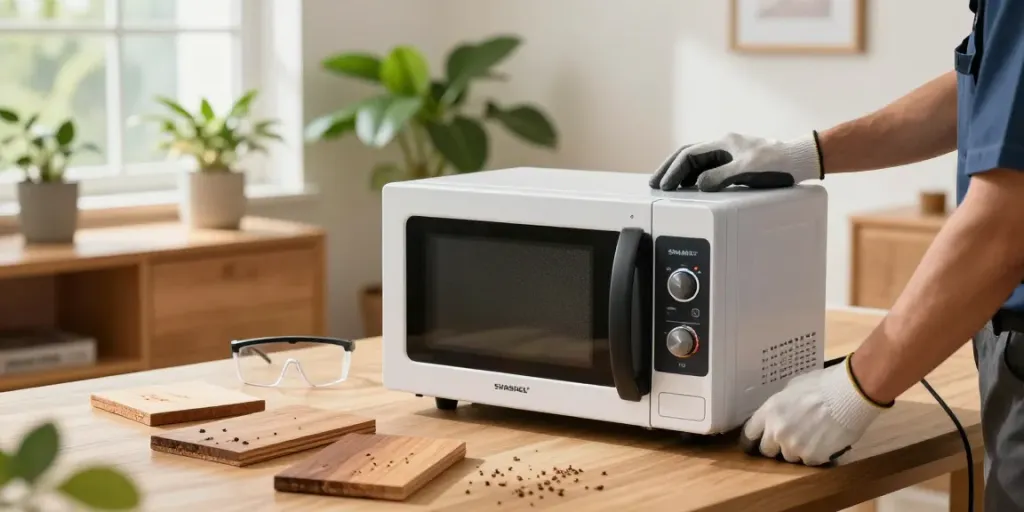 SHASHEL® microwave device eliminating wood-boring insects in a well-lit home setting.