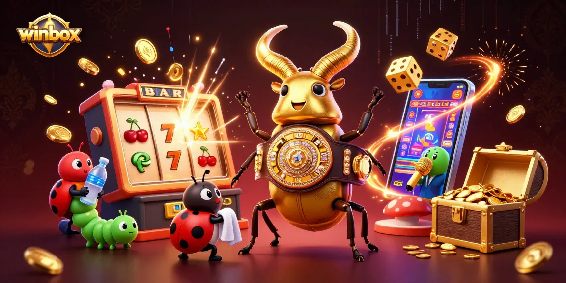 Winbox features an epic showdown in a vibrant 3D casino scene with a golden stag beetle and game elements.
