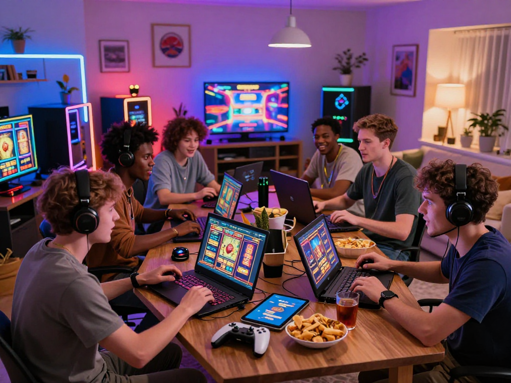 Exciting online gaming scene showcasing info slot players enjoying immersive slot games with modern equipment.