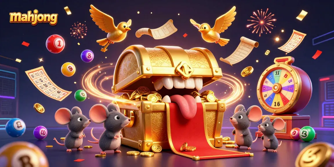 Engage in mahjong excitement with lively elements like lottery balls, treasure chests, and confetti.