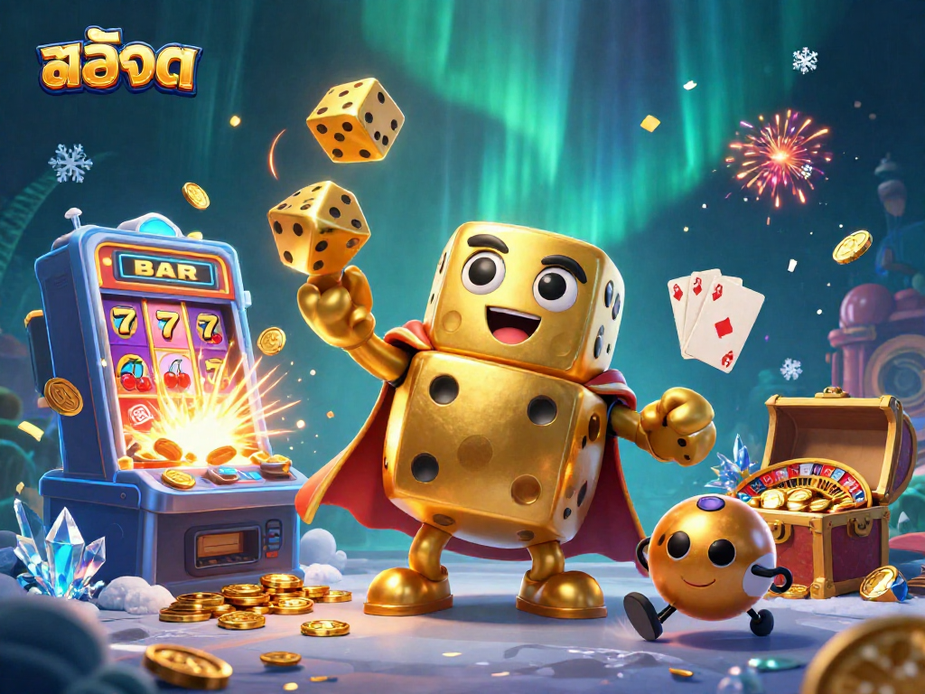 Engage in สล็อต as golden dice perform tricks amidst a colorful casino scene with jackpot excitement.
