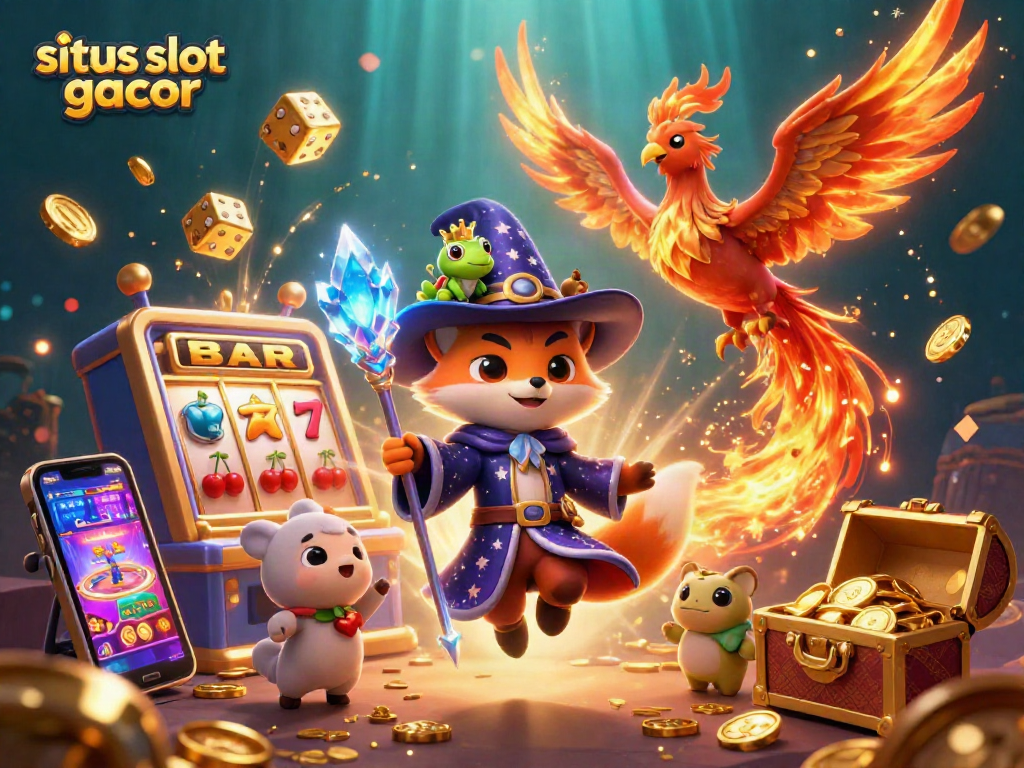 Experience the magic of situs slot gacor with a dazzling wizard fox and phoenix in an enchanting casino scene.