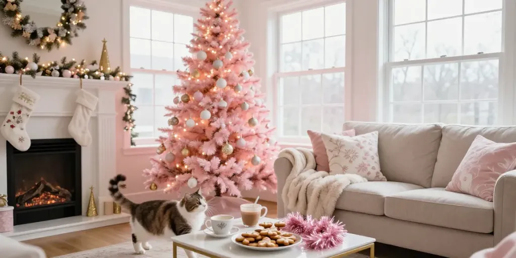 A cozy living room adorned for pink xmas with a blush pink tree, festive decorations, and warm lighting.