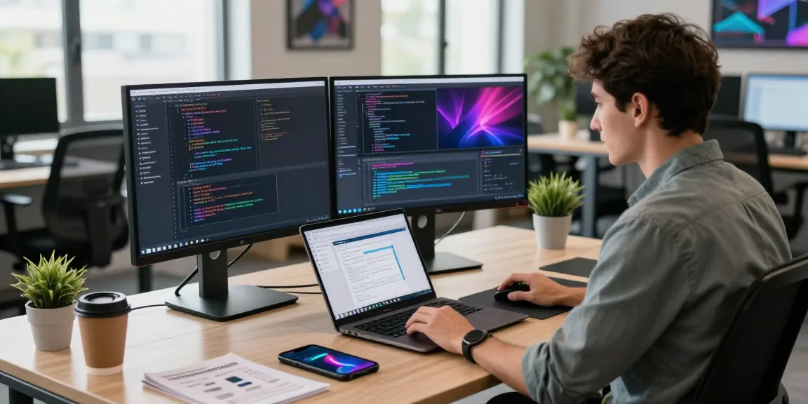 快连 network acceleration platform showcased in a modern tech workspace with coding developer, vibrant interface, and dual monitors.