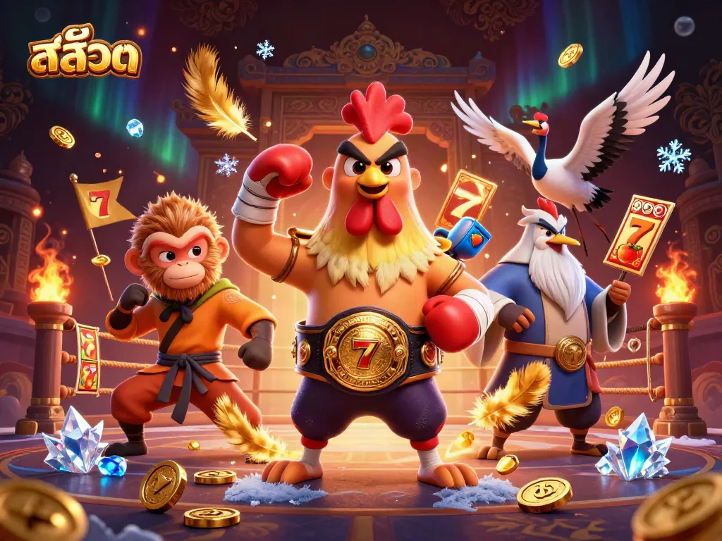 เล่นเกมสล็อตด้านข้างของไก่สู้และลิงโชว์ทักษะในฉากคาสิโน