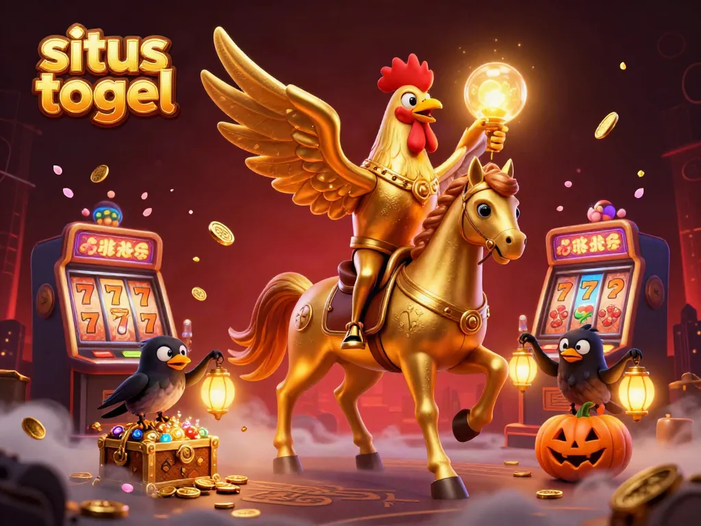 Experience the vibrant excitement of situs togel with a golden rooster and enchanting casino elements.