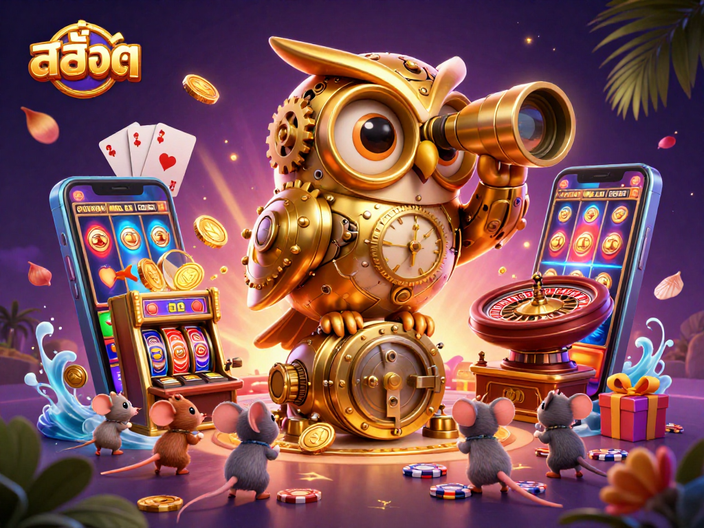 Spin the reels with สล็อต as a whimsical clockwork owl surveys a vibrant casino landscape.