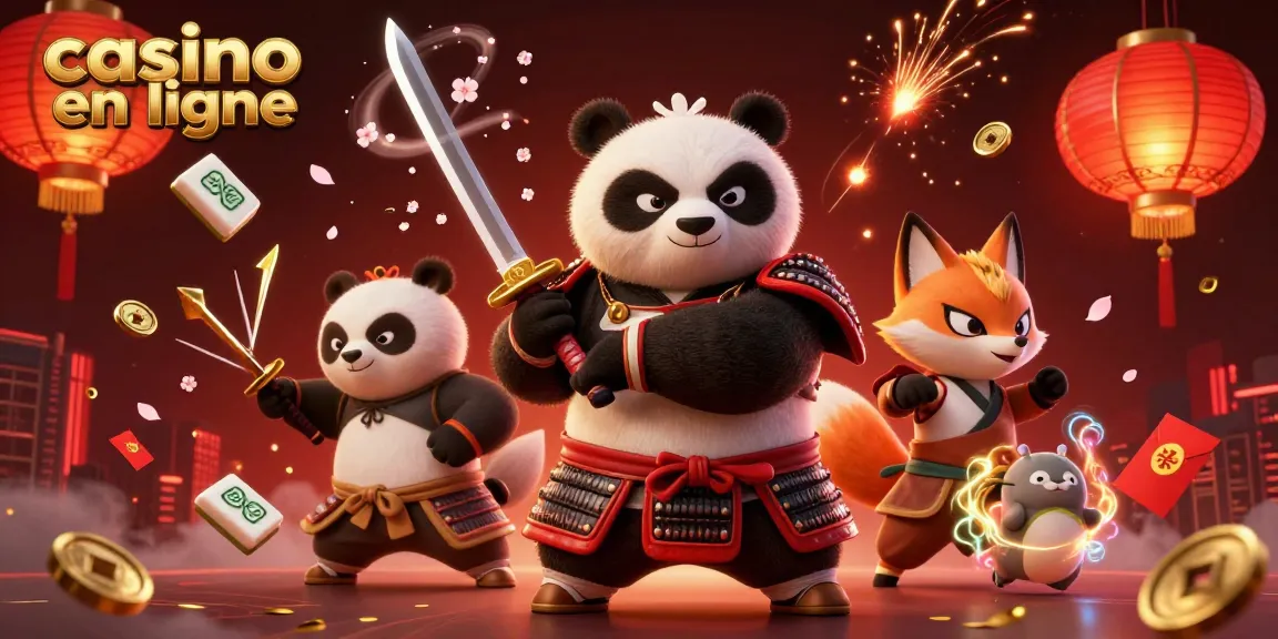 Découvrez un gameplay palpitant avec le redoutable panda samouraï dans un casino en ligne vibrant, entouré d'éléments colorés.