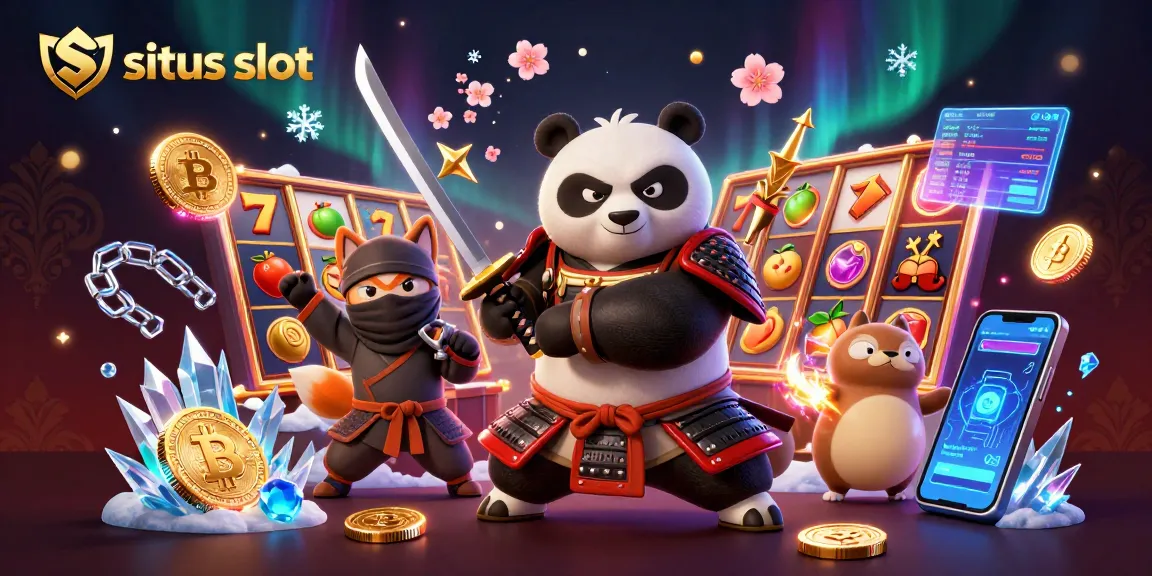 Engage with situs slot in a vibrant scene featuring samurai panda, ninja fox, and magical tanuki among casino elements.