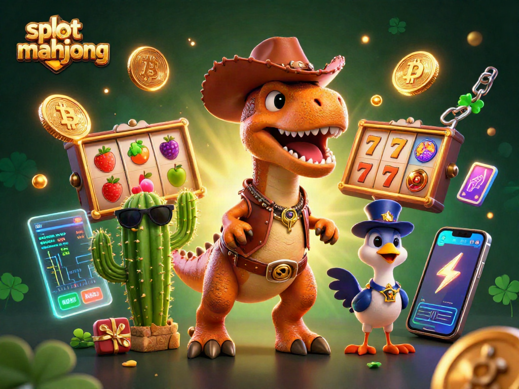 Spin the slot mahjong reels with T-Rex cowboy, cactus sidekick, and roadrunner in a vibrant casino scene.