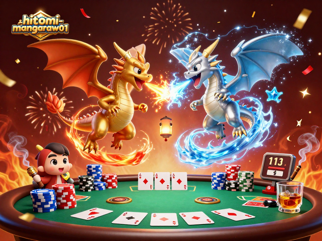 Engage with hitomi-mangaraw01 as twin 3D cartoon dragons battle with fire and ice amid a vibrant casino scene.