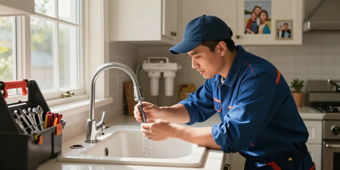 Reliable plumber fixing a kitchen faucet, learn more about plumbing services.