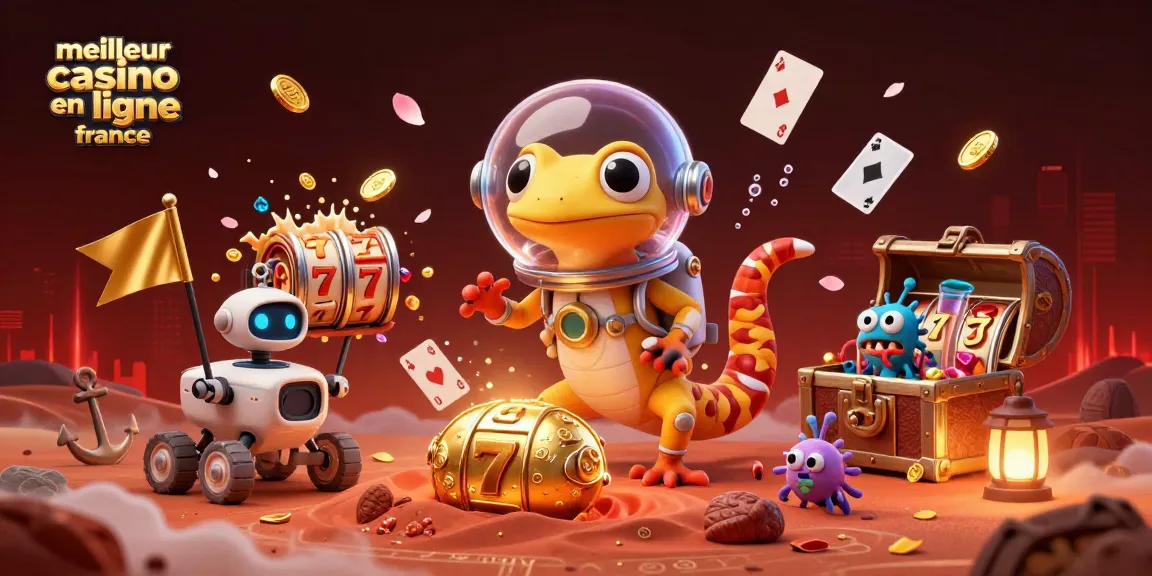Visualisez le meilleur casino en ligne France avec un gecko martien découvrant un casino doré.