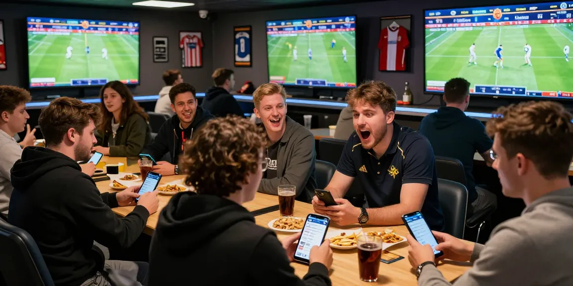 Group of sports fans enjoying betting with BOLA88 live odds during major matches, showcasing Link Alternatif Bola88 excitement.
