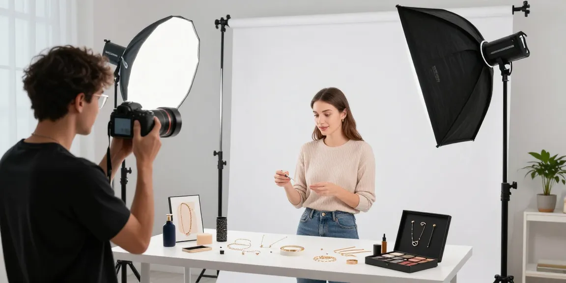 Servizi fotografici ecommerce professionali in studio con fotografo e prodotti esposti.