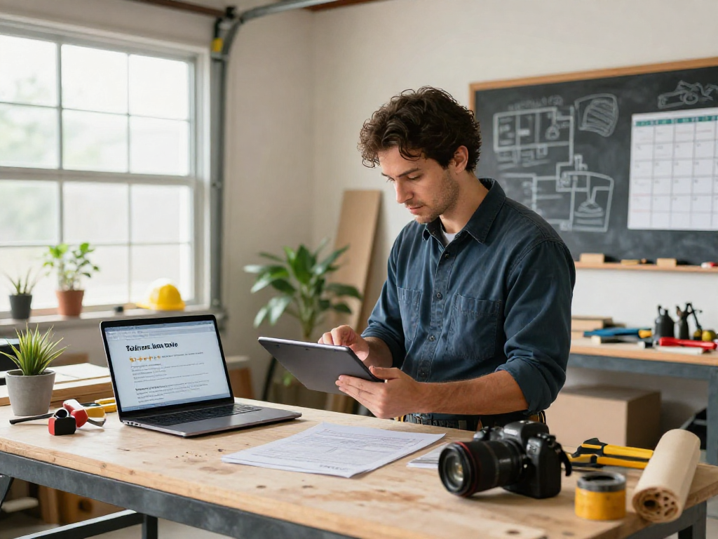 Local SEO for contractors showcasing a contractor reviewing job estimates, highlighting productivity in their workspace.