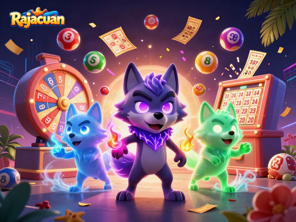 Rajacuan players celebrating wins with vibrant lottery elements and dynamic gaming visuals.