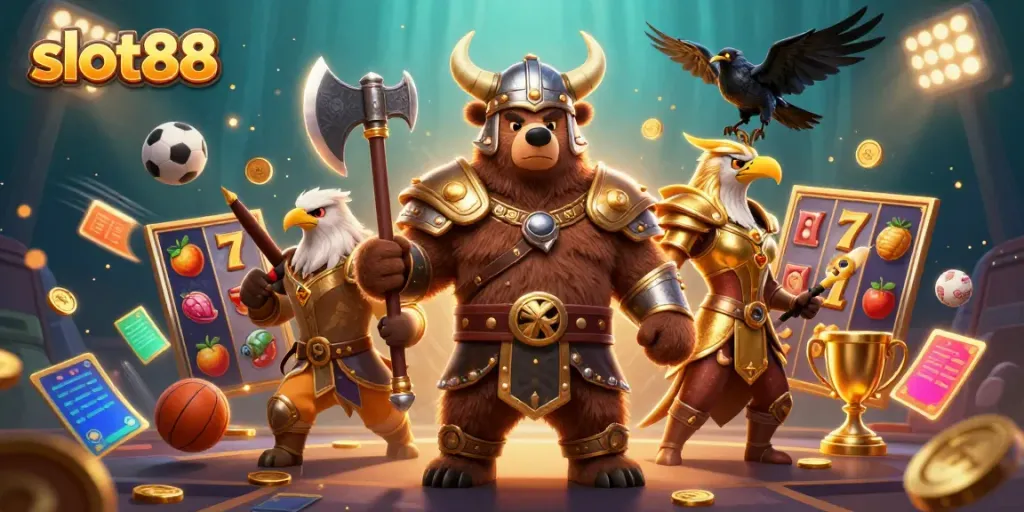 Experience exciting gameplay with slot88's vibrant 3D characters in a dynamic casino scene.