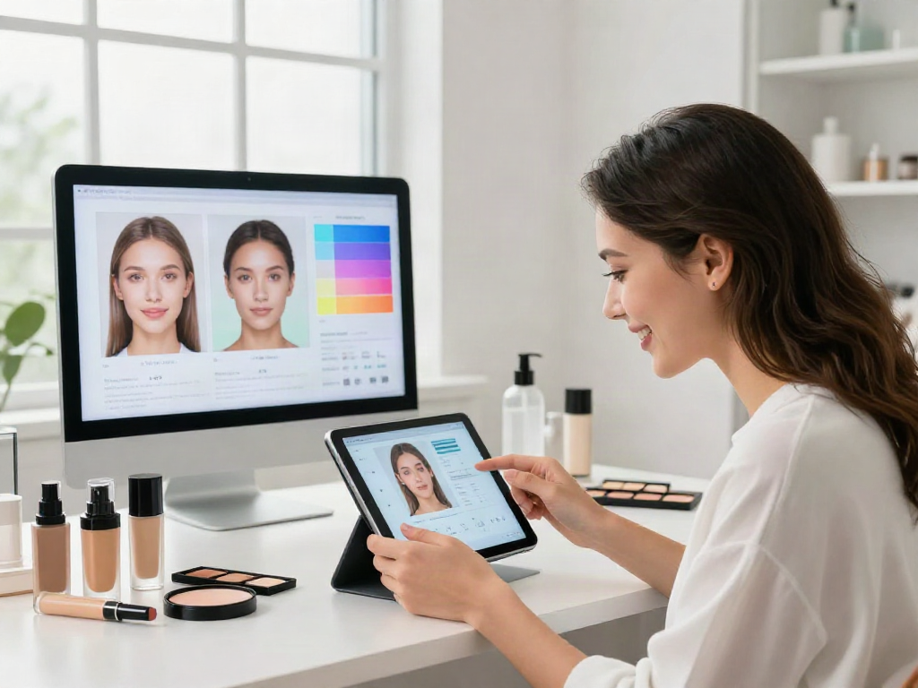 how old do i look analysis at a beauty tech studio with a smiling person using an AI app for age estimation