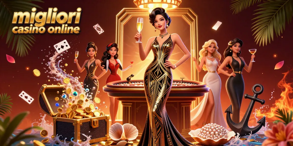 Illustrazione di migliori casino online che mostra una elegante donna asiatica con champagne a un tavolo della roulette vintage.