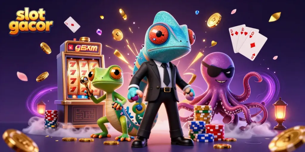 Slot gacor, ilustrasi karakter kasino 3D yang menampilkan agen rahasia chameleon dan monster gurita dengan detail menarik.