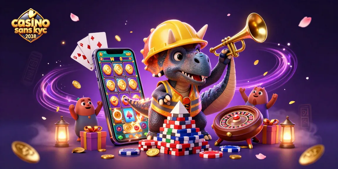 Une illustration 3D colorée représentant le "casino sans kyc 2038" avec des personnages de dinosaures en action