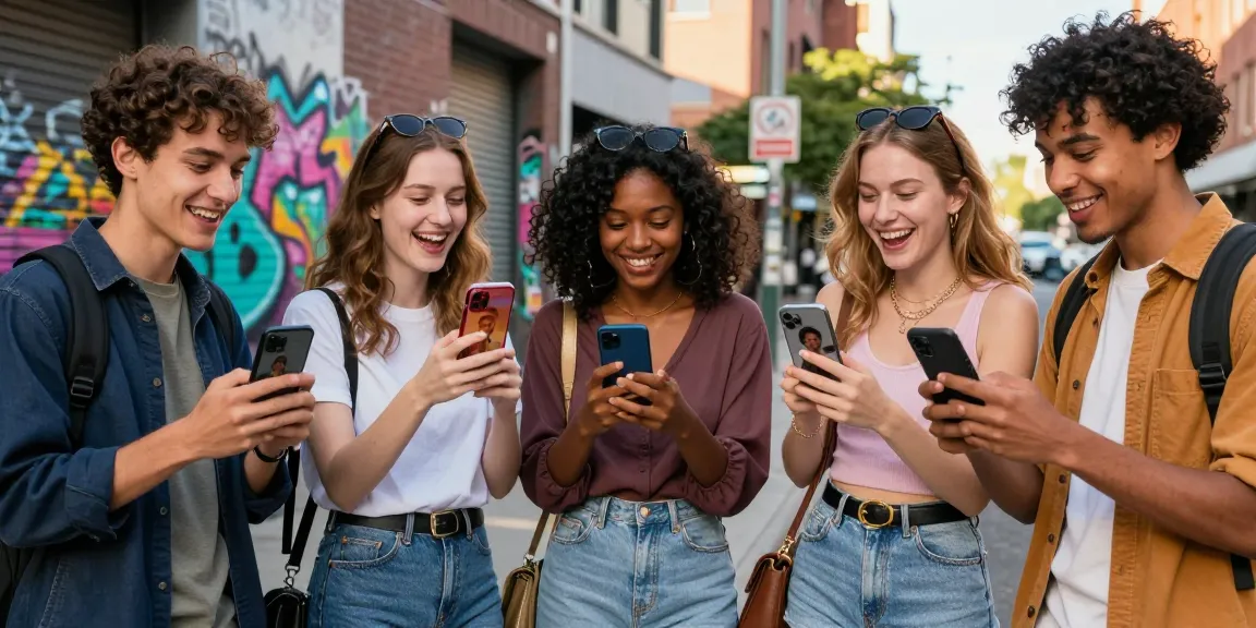 Friends discovering their celebrity look alike through an app in a vibrant urban setting.