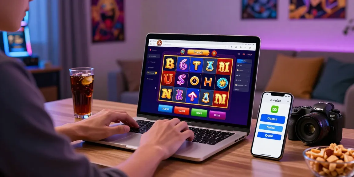 Engaging scene of a person playing online slot depo 5k games with a laptop and smartphone in a cozy setting.