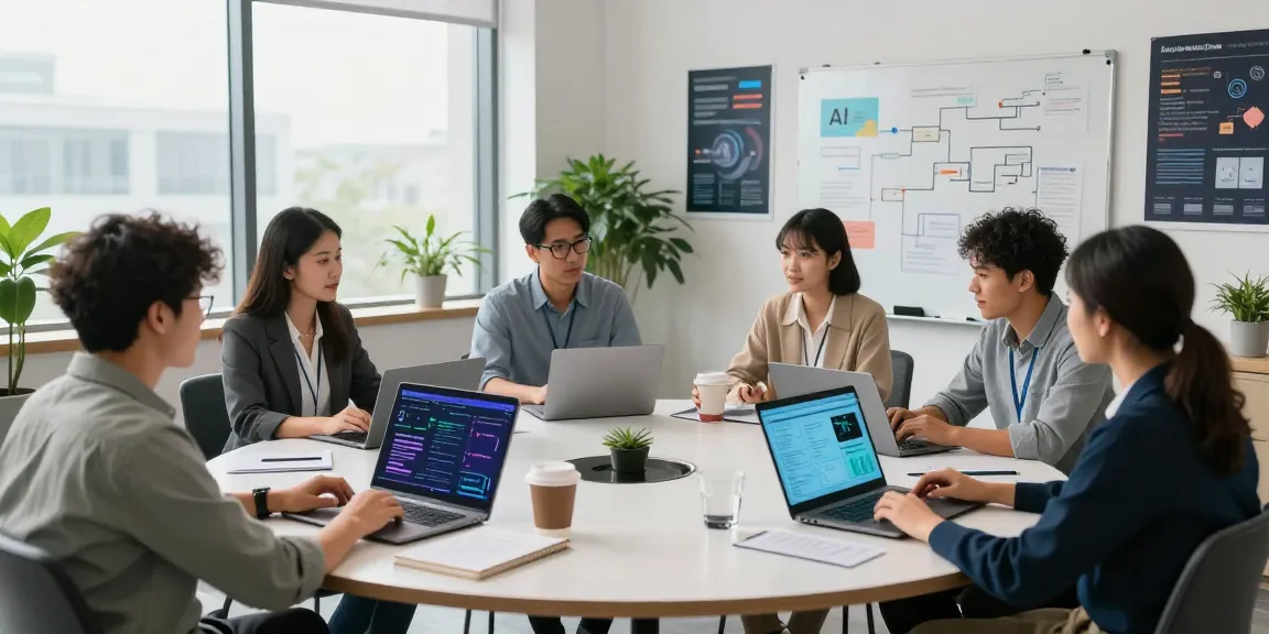Team collaborating on AI automation strategies in a vibrant modern office environment.