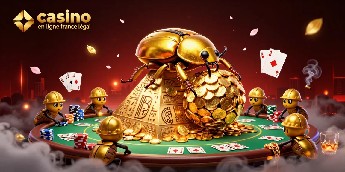Casino en ligne légal en France : illustration dynamique de scarabées dorés entourés de jeux de poker