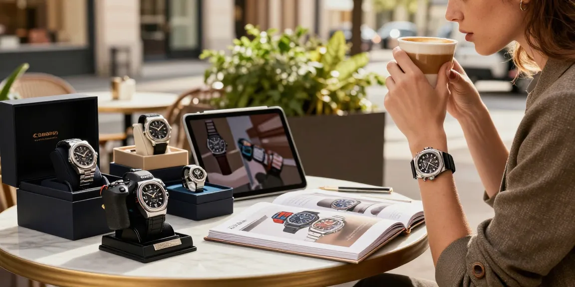 Discover luxurious clone watches showcased on a stylish table at a trendy café.