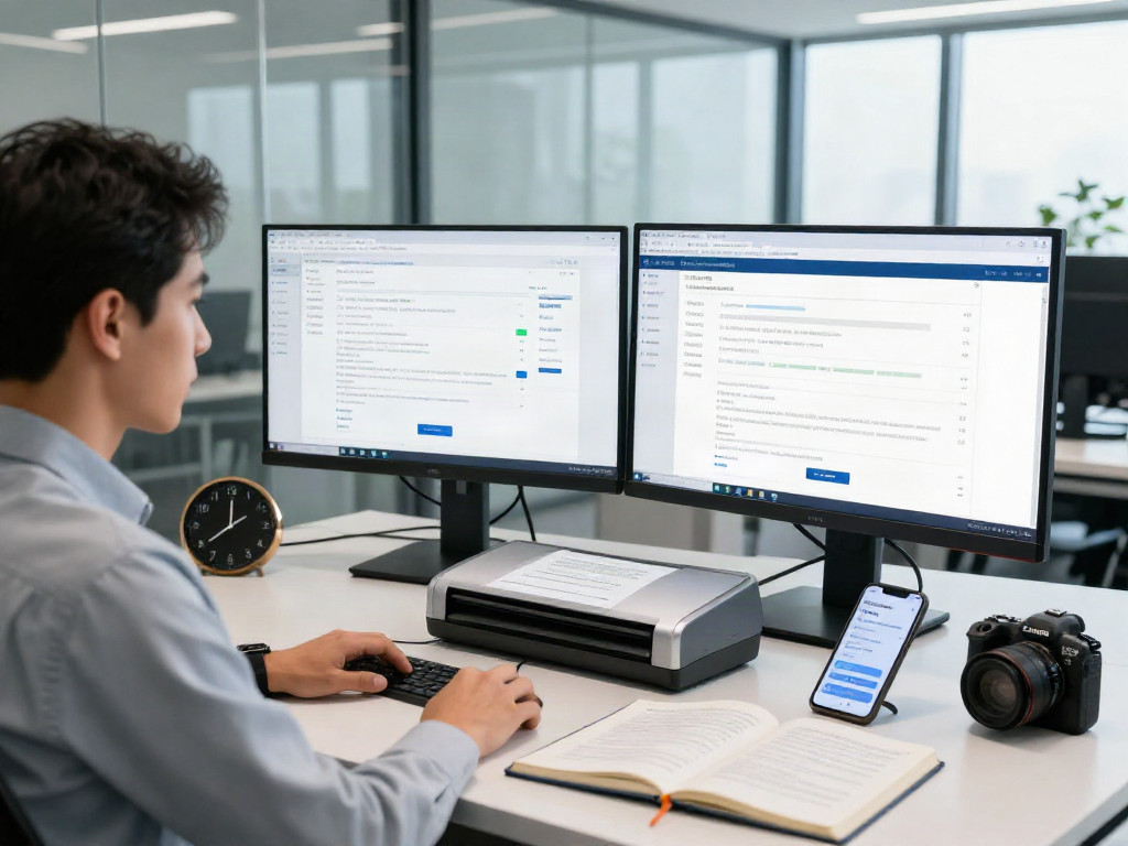 Document fraud detection software showcased in a bright office with tech analyst analyzing data and document authenticity.