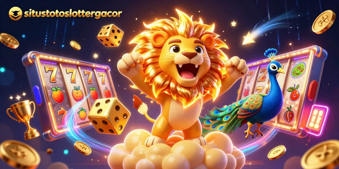 Experience big wins at situstotoslottergacor with slot reels, golden trophies, and spinning coins.