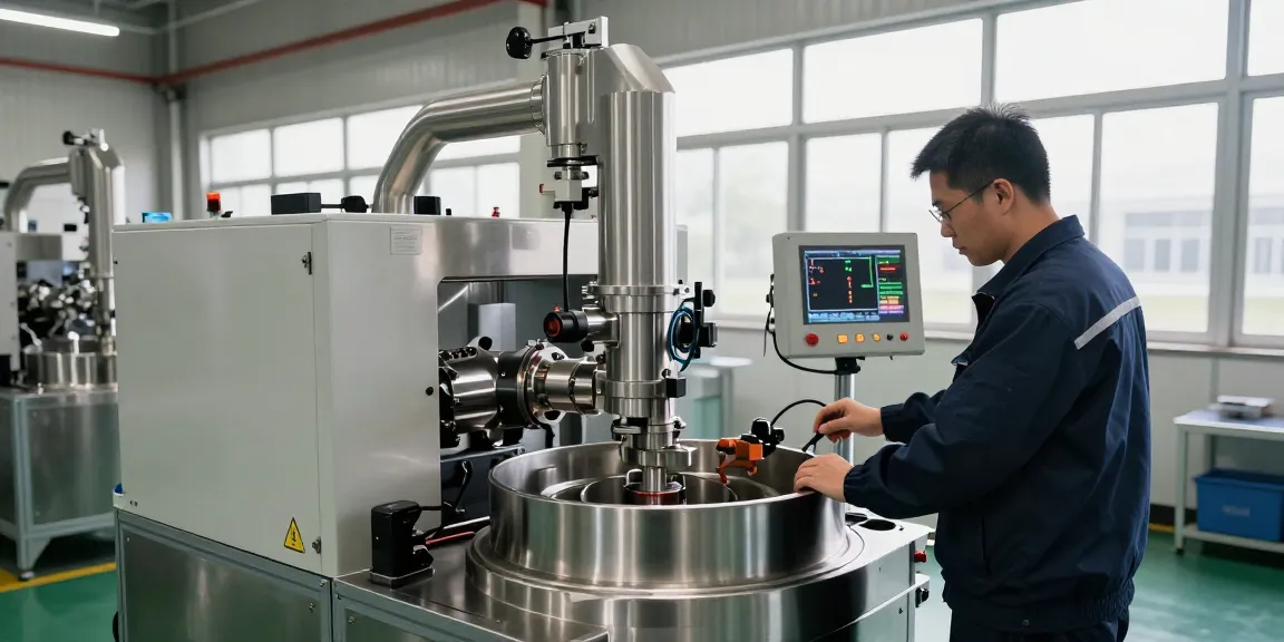 Technician operating an industrial centrifuge in a modern manufacturing facility, showcasing advanced separation technology.