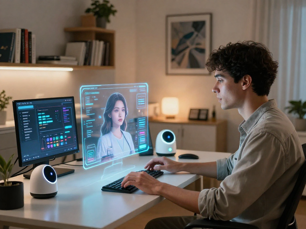 Person interacting with an AI girlfriend, showcasing advanced technology in a cozy workspace.