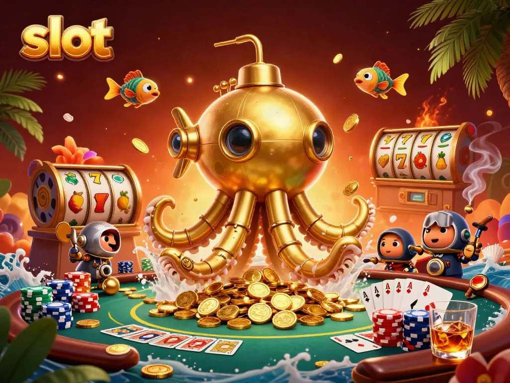 Experience the thrill of slot play with a vibrant, golden kraken submarine surrounded by colorful casino elements.