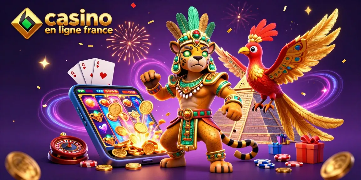 Jouez dans un casino en ligne en France avec des personnages en 3D autour de machines à sous et de jeux de cartes.