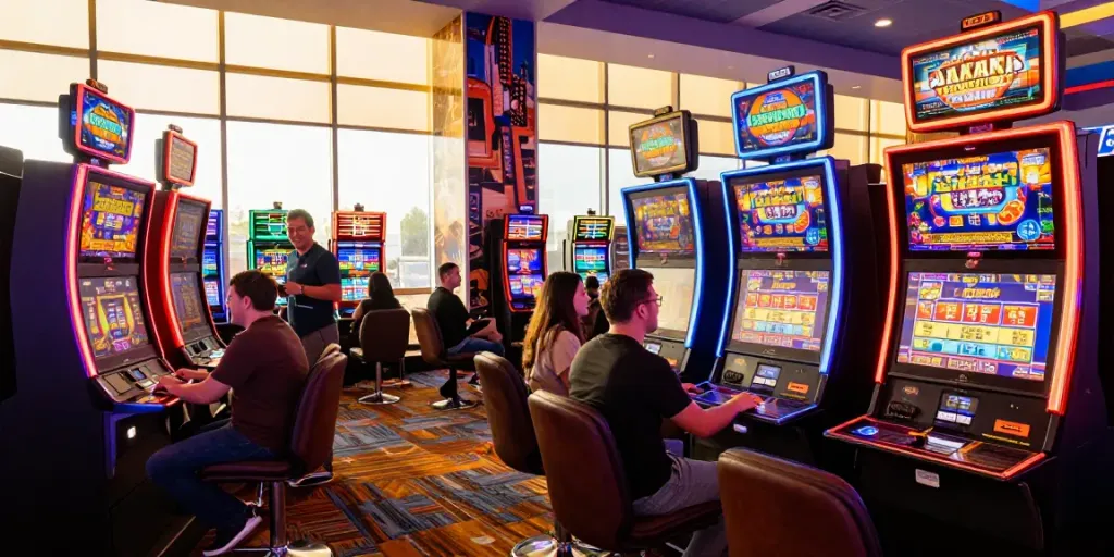 Exciting scene of players enjoying modern slot machines in a bustling casino, showcasing colorful lights and digital displays.