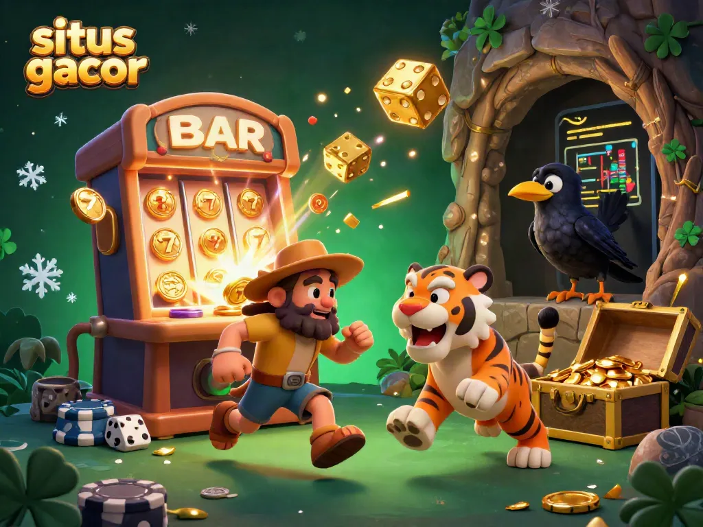Experience situs gacor excitement at a vibrant casino scene with cavemen, a sabertooth tiger, and dynamic slot machine action.