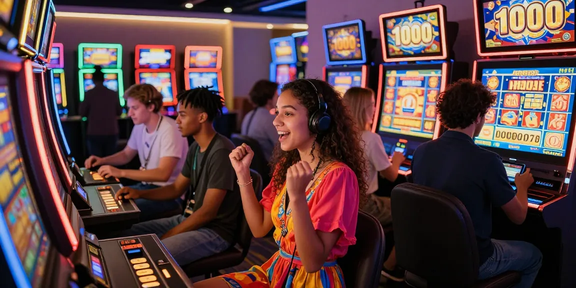 Exciting scene of players celebrating wins at slot machines with deposit 1000 offers.
