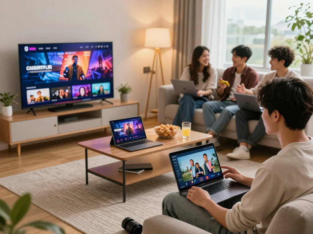 Engaging entertainment experience on ROKOK88, showcasing diverse users enjoying multimedia content across devices.