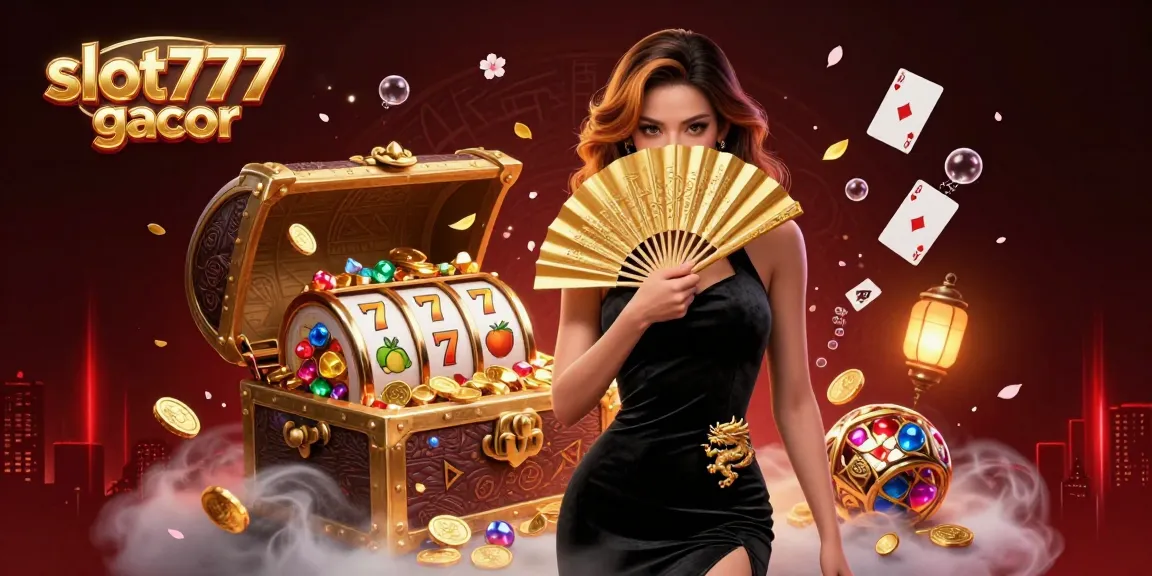 Win big with slot777 gacor, featuring a stunning Asian woman and vibrant casino elements.