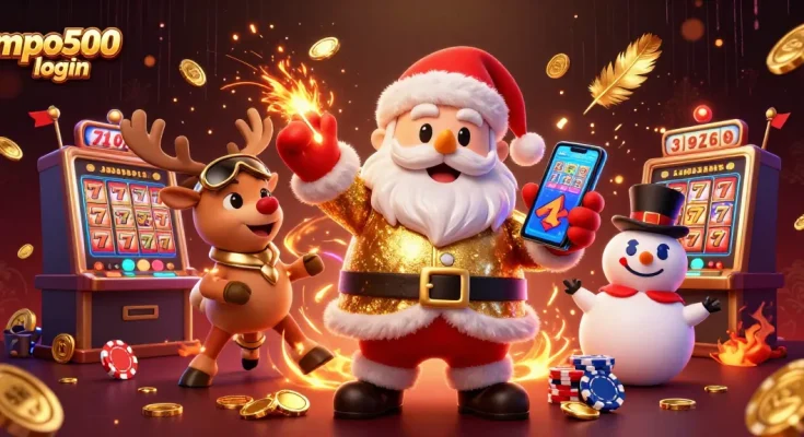 Experience mpo500 login excitement with a festive casino scene featuring cartoon Santa, reindeer, and snowman.