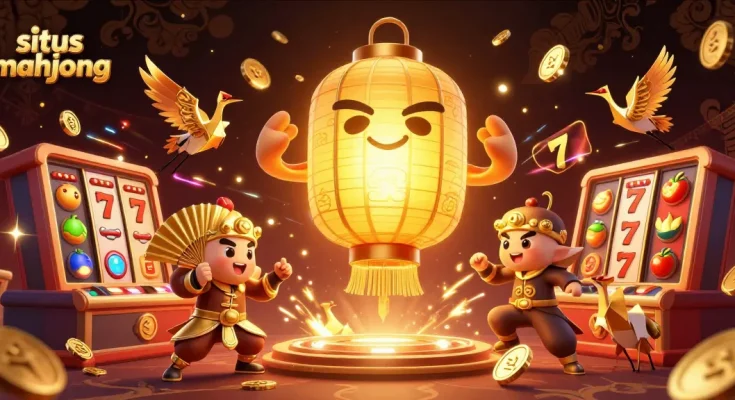 Experience situs mahjong with dynamic 3D slots, golden symbols, and vivid casino characters.