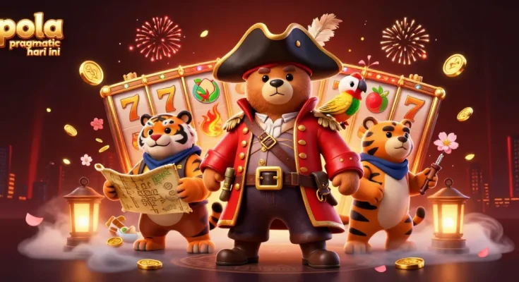 Pola pragmatic hari ini showcases a dynamic scene with a pirate bear, tiger, and parrot amidst vibrant slot symbols and fireworks.