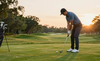 Praktik putting di lapangan golf dengan putter dari https://puttperfection.com/putter-reviews dalam cahaya matahari terbenam yang indah.