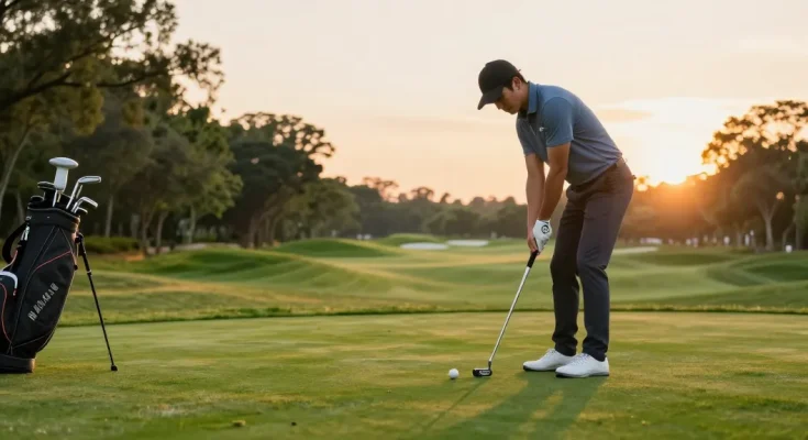 Praktik putting di lapangan golf dengan putter dari https://puttperfection.com/putter-reviews dalam cahaya matahari terbenam yang indah.